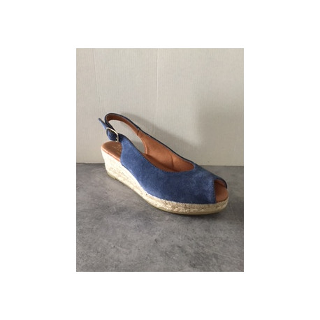 Espadrille compensée 45 cm "cousu main" en nubuck, 821 Bleu Jean AZUL Maison de l’espadrille