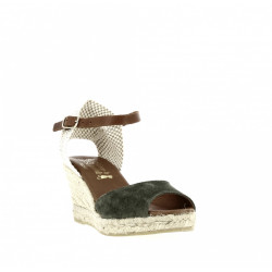 Espadrille compensée Talon Bigatane 4,5 cm "cousu main" 807  Maison de l’espadrille nubuck Kaki bride réglable