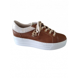 Sport femme chic DLSPORT 5018  semelle plateau blanche, lacet, Cuir Vitello Gold Cognac/reptile signature DLSPORT Doré