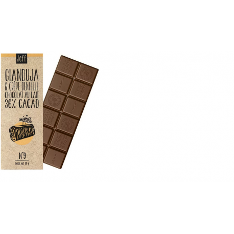 Tablette N°9 Chocolat au Lait 36%, Noisettes, Gianduja et Crêpe Dentelle Tablette N°9 Chocolat au Lait 36%, Noisettes, Gianduja et Crêpe Dentelle