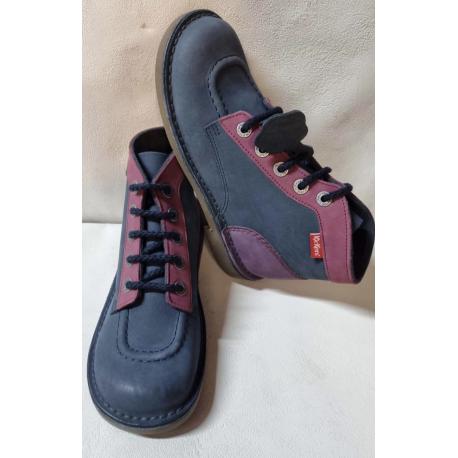 KICK COL de KICKERS en cuir nubuck marine Fushia lacet