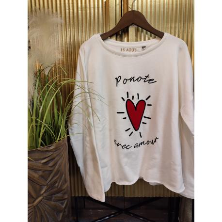 Pull léger femme col rond "Ponote avec amour"