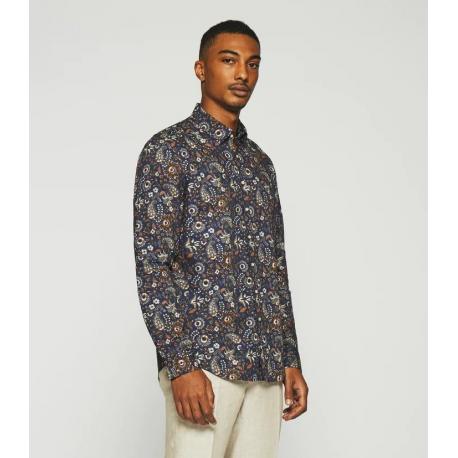 Chemise à imprimé fleurs marine et camel KAEL