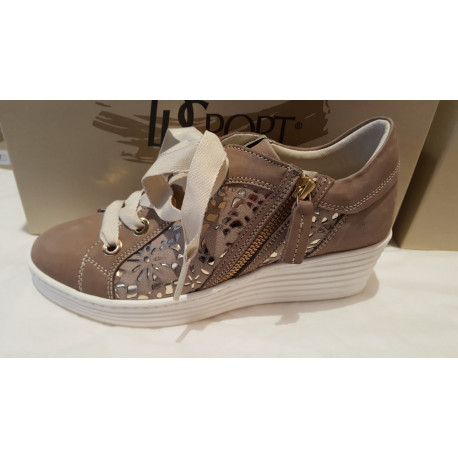 Basket en  cuir NUBUCK BEIGE/METAL compensé haut  5 cm  DLSPORT 3874