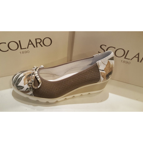 Ballerine compensée  SCOLARO marque Italienne 10476 CUIR KAKI/BLANC/FLEURI