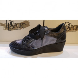 Basket en  cuir reptile noir gris métal zip et lacet  compensé haut  6 cm  DLSPORT 4101