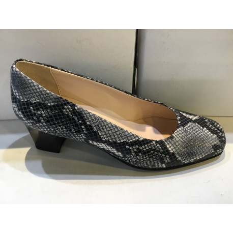 Escarpin de fabrication française de MARCO en cuir reptile gris noir CLEMENCE talon de 4cm doublé cuir